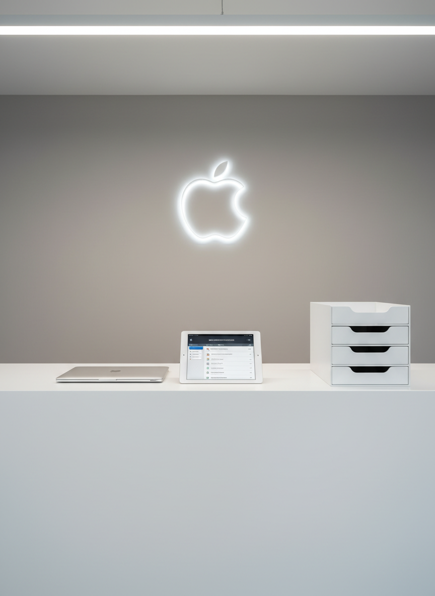 A modern Apple service reception counter built from smooth white composite with a subtle satin finish, holding a closed MacBook Air, an iPad displaying a service order interface, and a neatly stacked row of pristine white storage trays for devices. Behind the counter, a wall in soft neutral gray features a simple illuminated logo shape reminiscent of Apple style, slightly blurred for depth. Balanced, cool-white overhead lighting casts gentle, even illumination without harsh shadows. Photographed straight-on at eye level with a wide composition, sharp focus throughout, the mood is calm, organized, and professional, suitable for a premium urgent repair service in Saint Petersburg, with a minimalist, corporate aesthetic.
